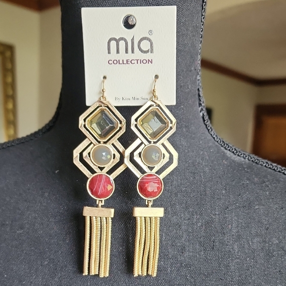 MIA Gold Red Geometric Tassel Earrings - Picture 1 of 5